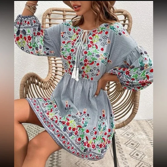 Boho Floral Print Tassel Stripes Long Sleeve Dress - Picture 1 of 5